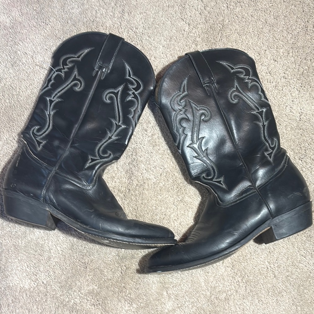 Longhorn Black leather Western Cowboy Boots white stitching southwest mens 10EE